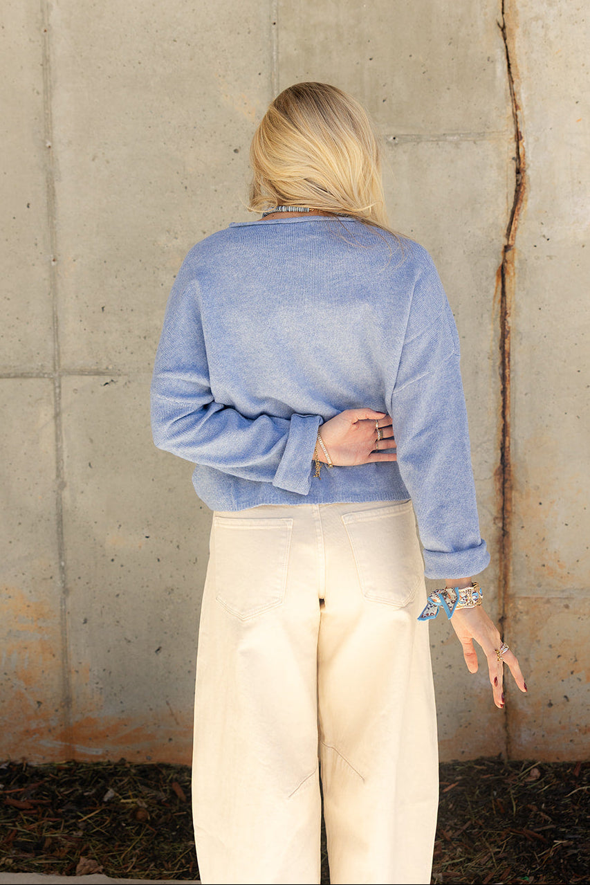 Rowyn Dusty Blue Button-Up Knit Cardigan- back view