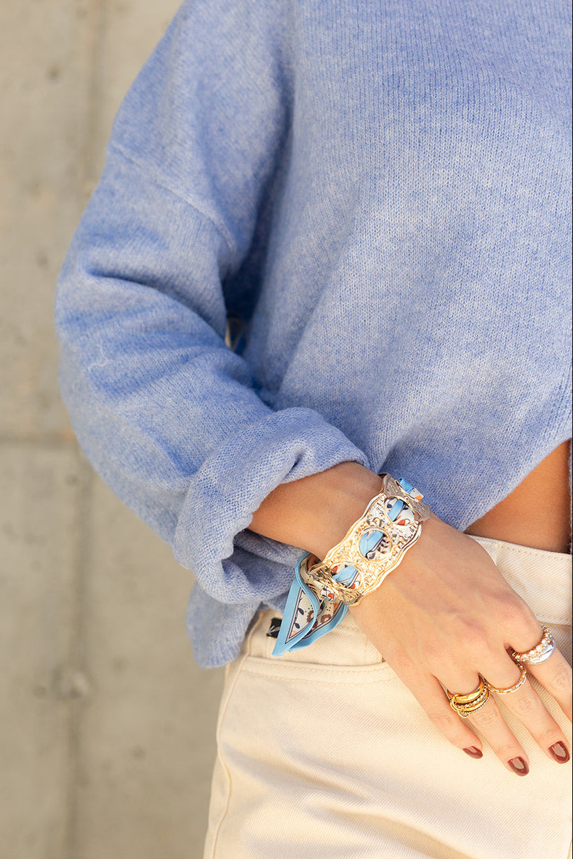 Isla Cream & Blue Scarf Gold Cuff Bracelet- side view