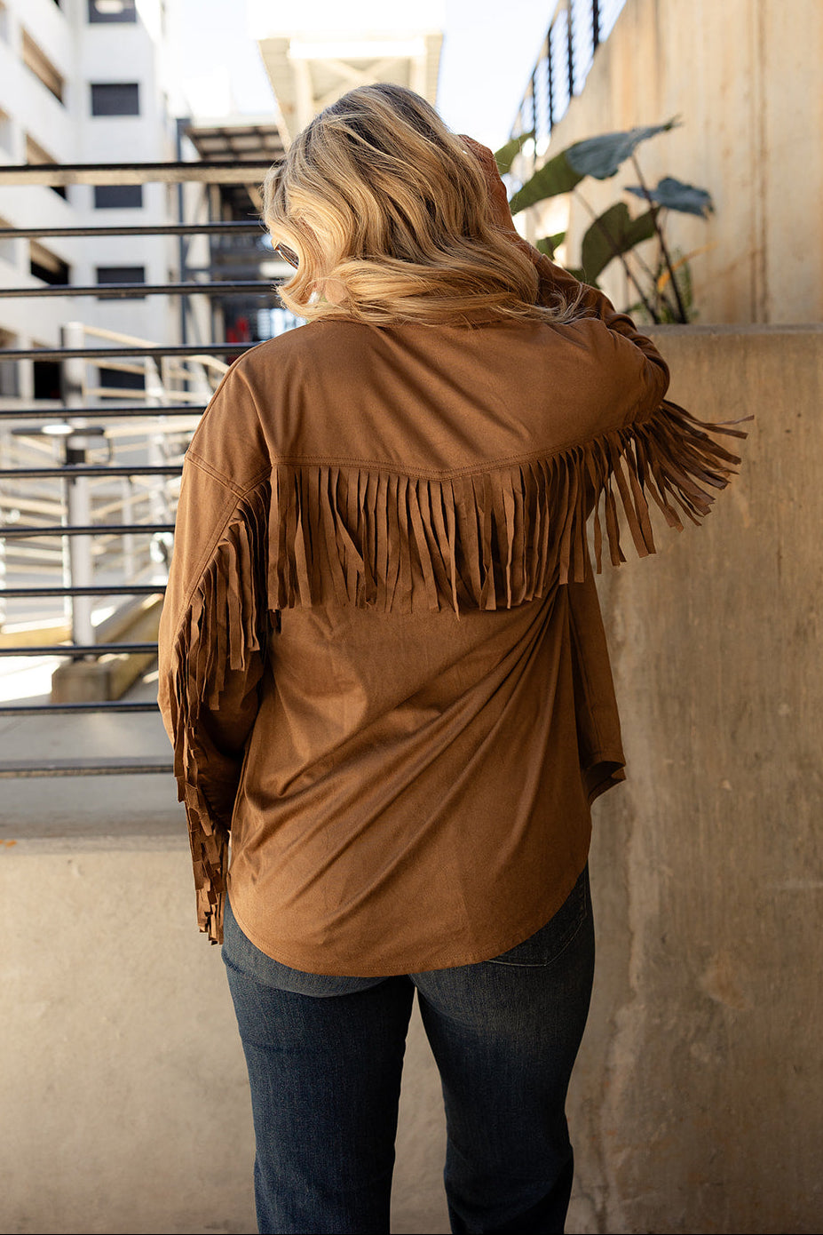 Alaina Brown Suede Fringe Jacket- top back view