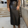 Gemma Black Faux Leather Midi Skirt- close up front view
