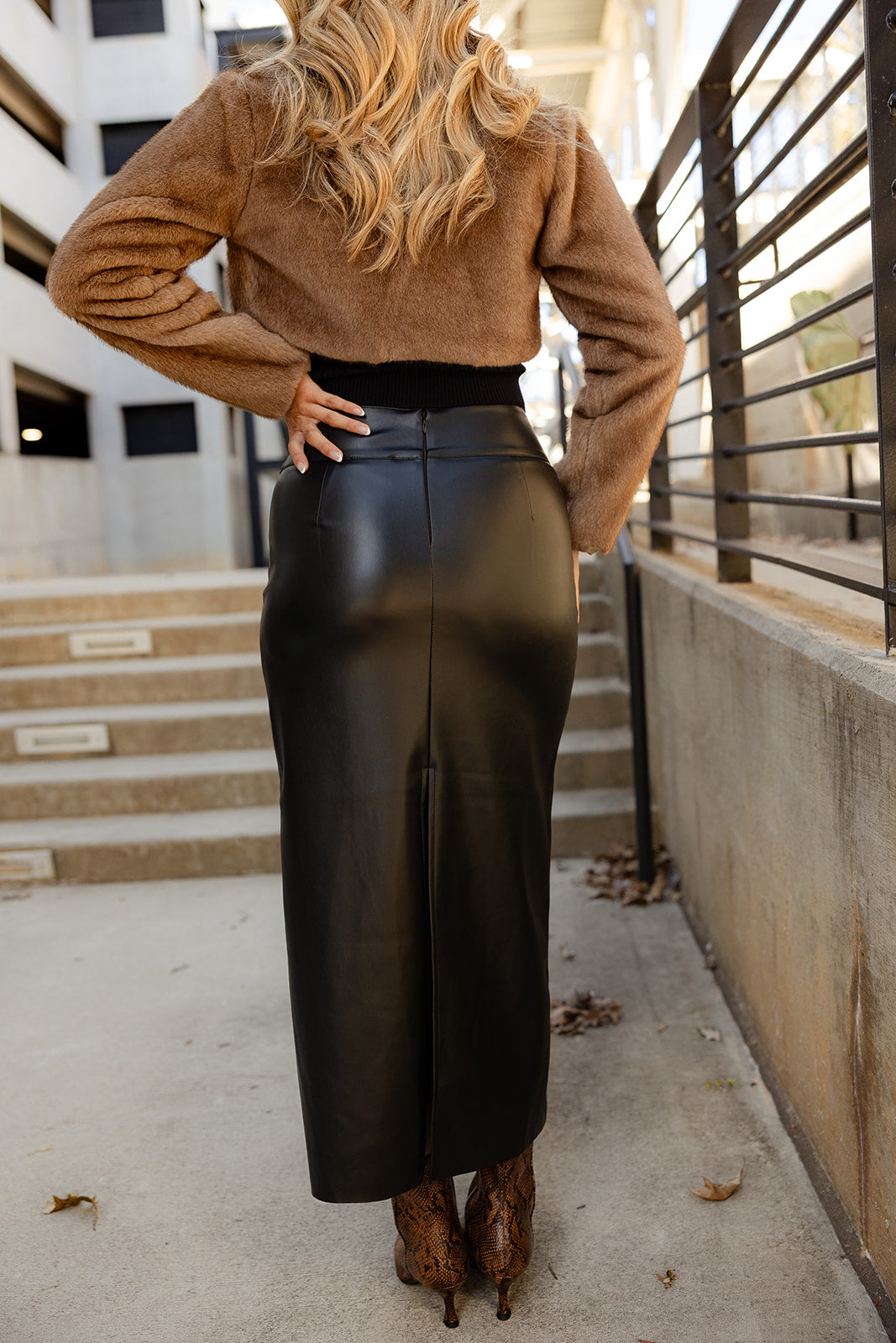 Gemma Black Faux Leather Midi Skirt- close up back view