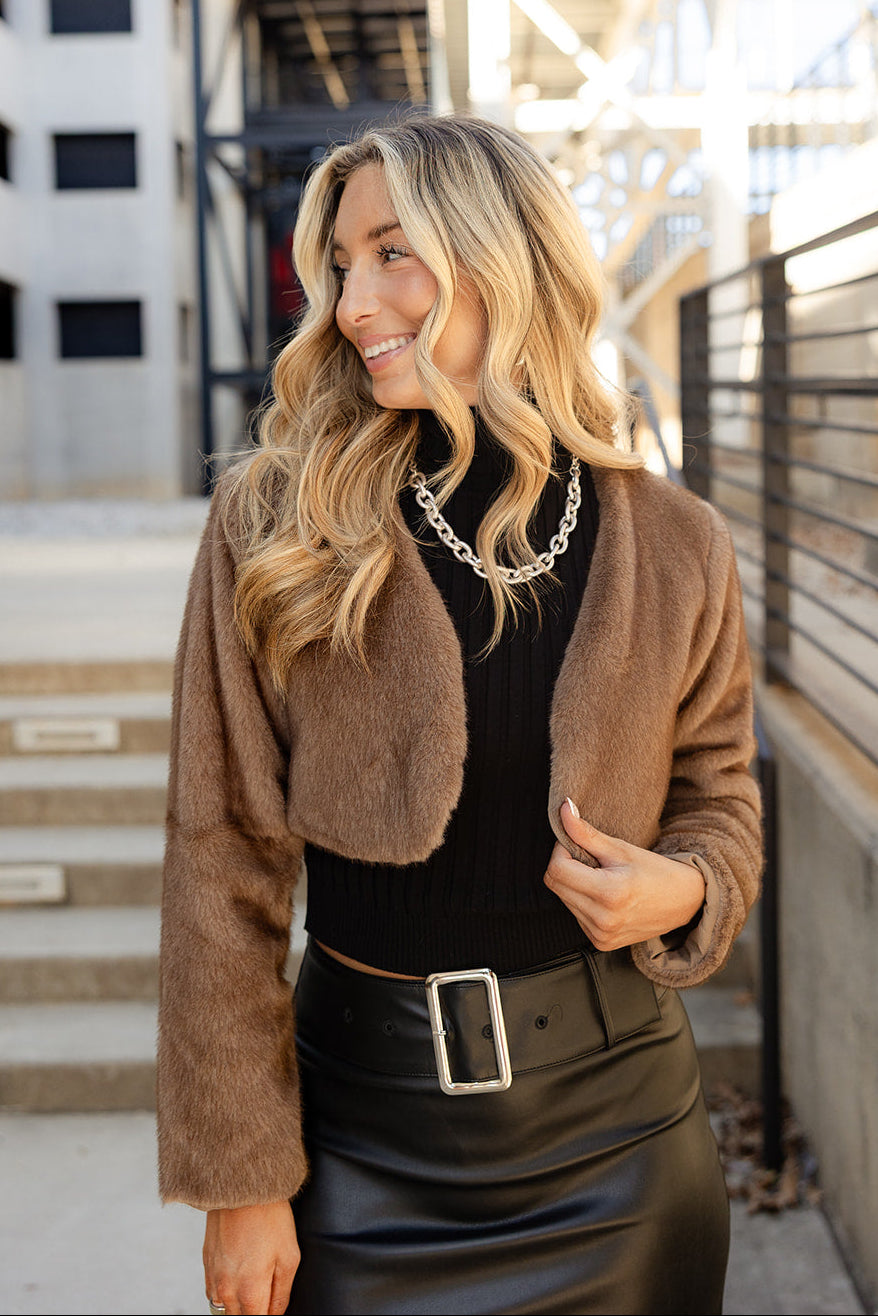 Eliana Brown Faux Fur Cardigan- front view