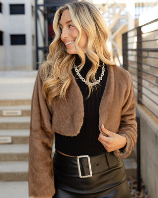 Eliana Brown Faux Fur Cardigan- front view