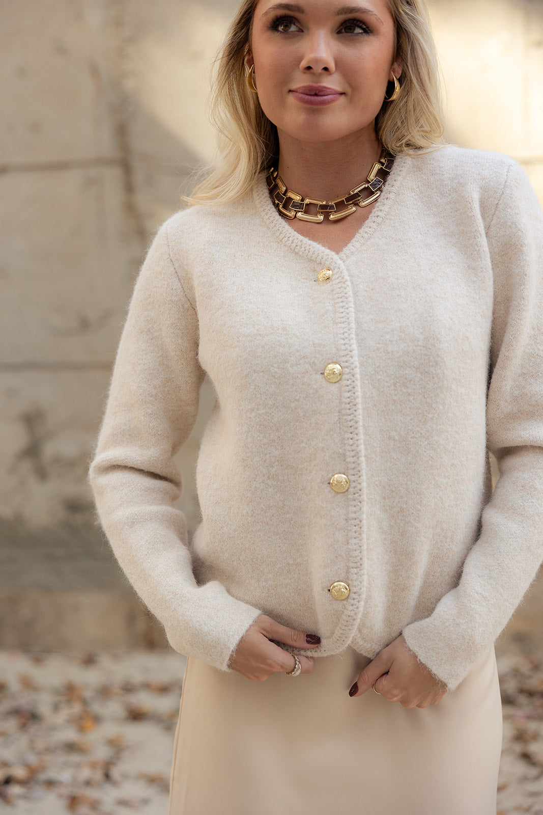 Helena Cream & Gold Button-Up Cardigan- front view
