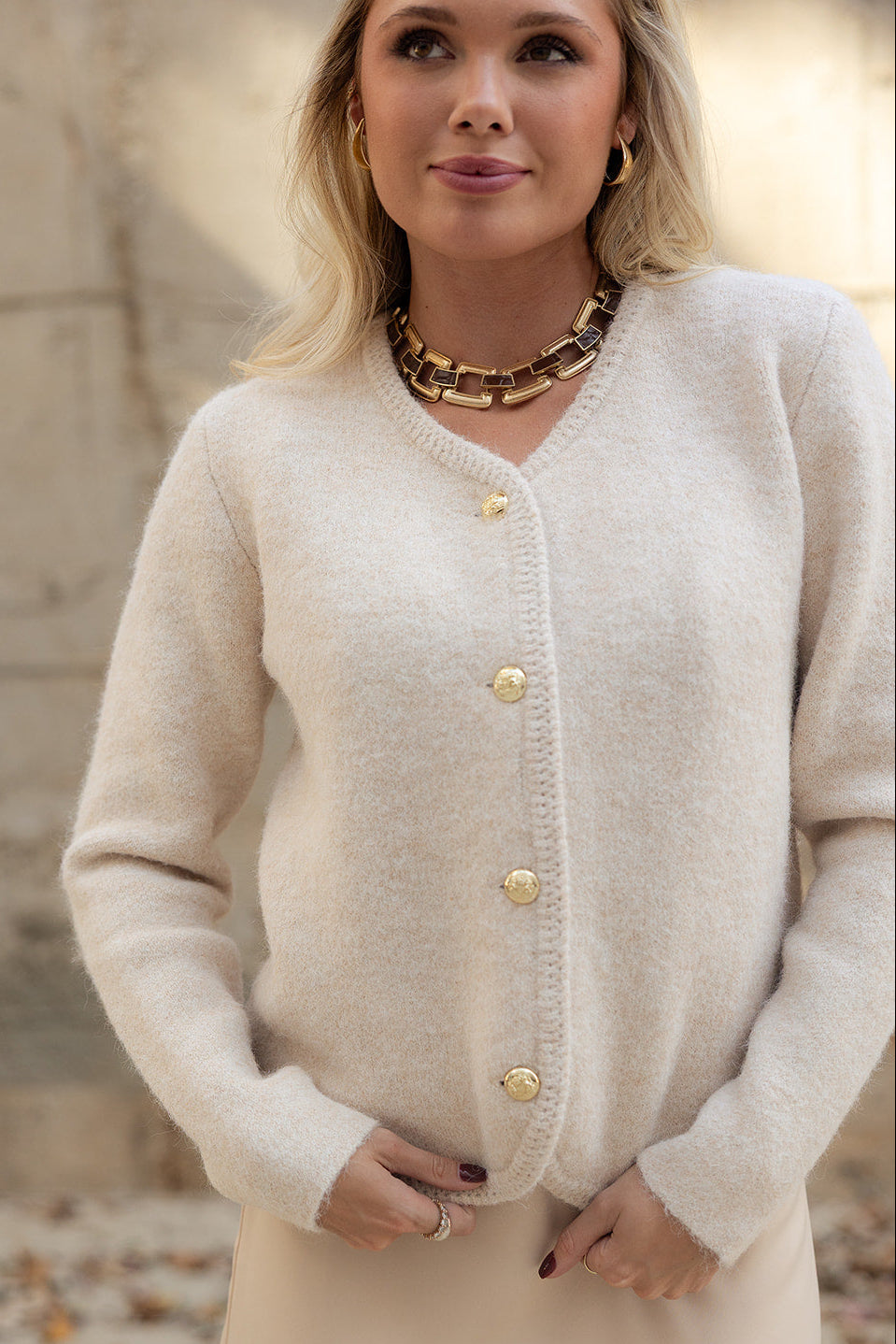 Camille Brown Leather & Gold Chain Necklace- close up front view