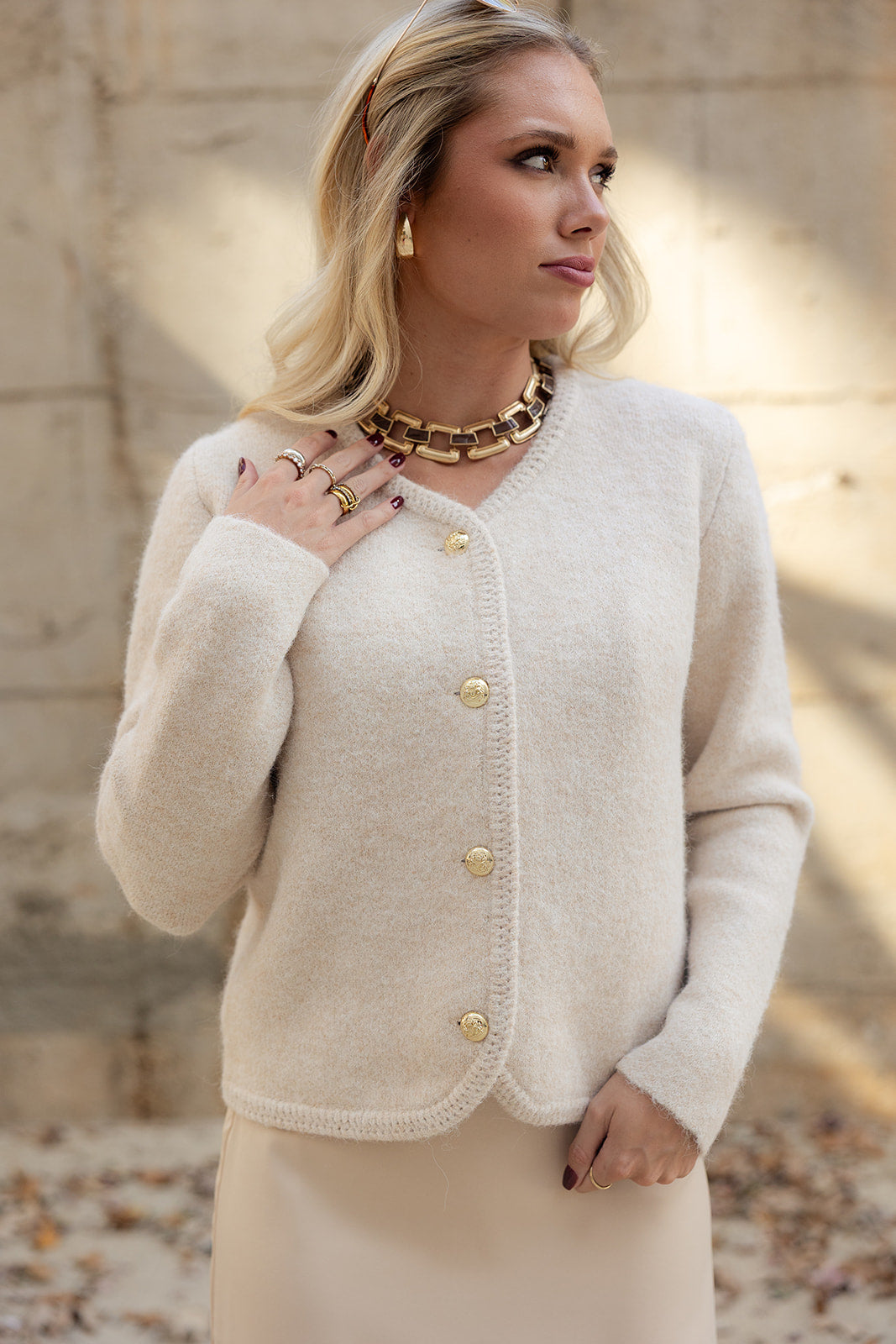 Helena Cream & Gold Button-Up Cardigan- top front view