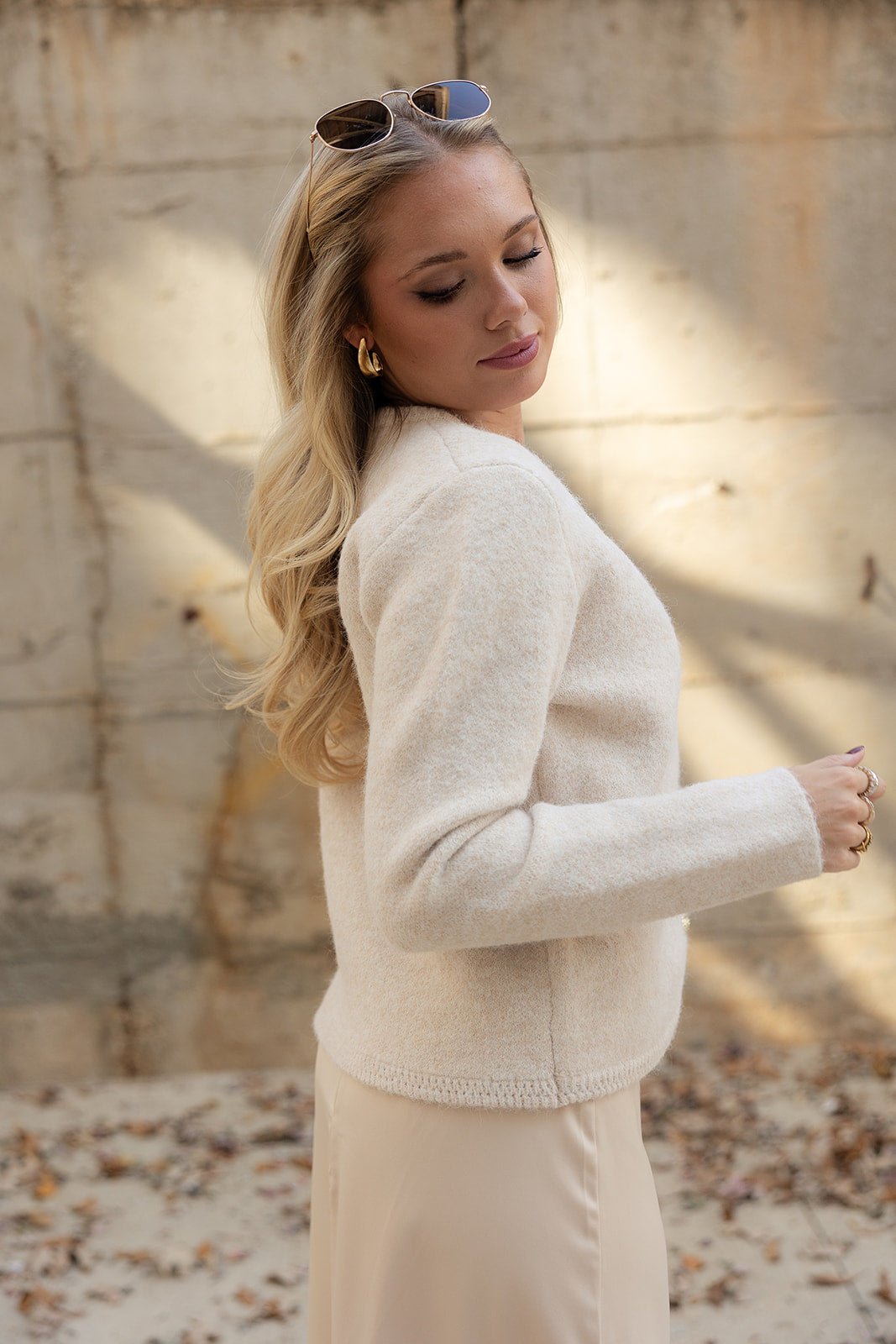 Helena Cream & Gold Button-Up Cardigan- close up side view