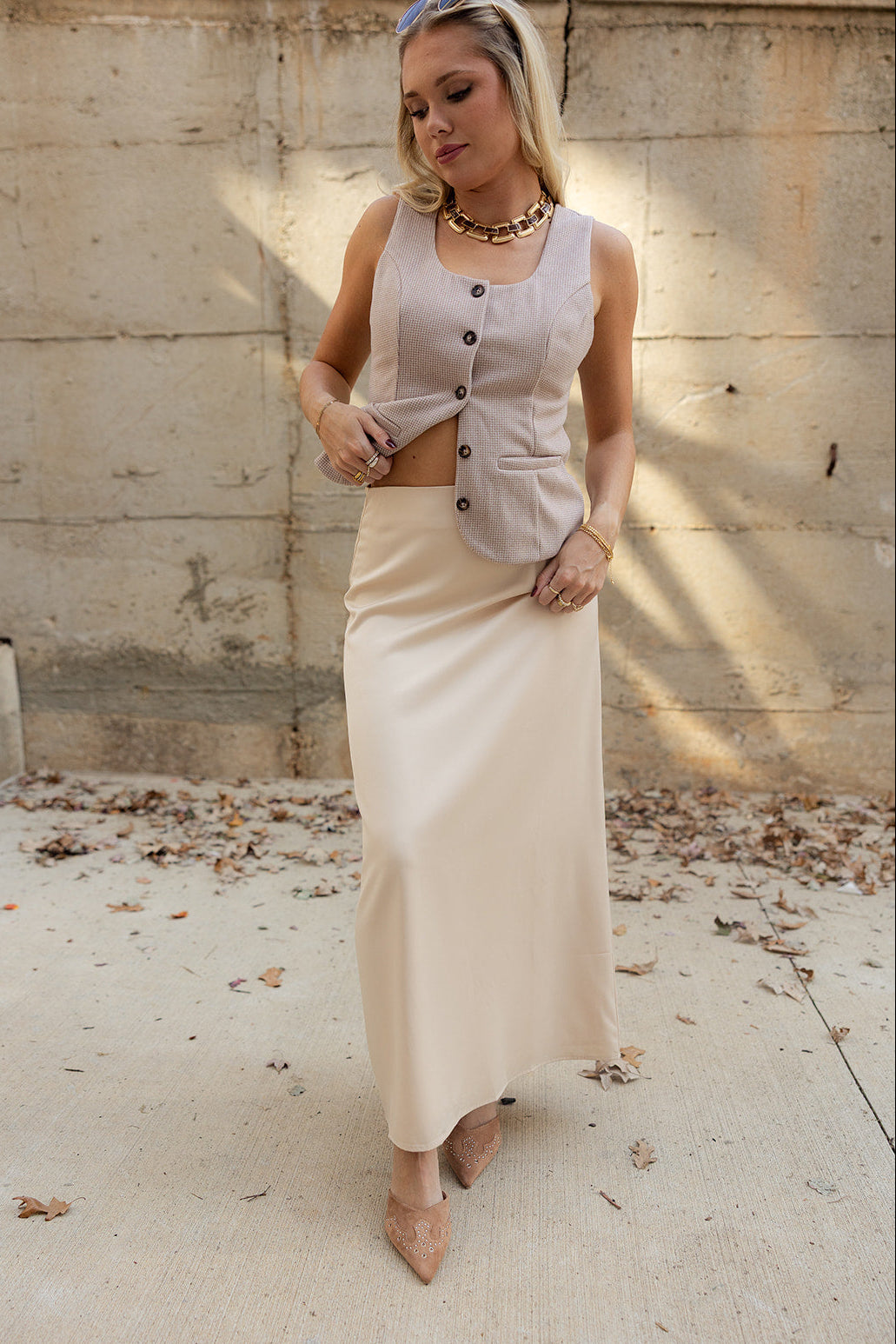 Ana Cream Satin Midi Skirt- full body view