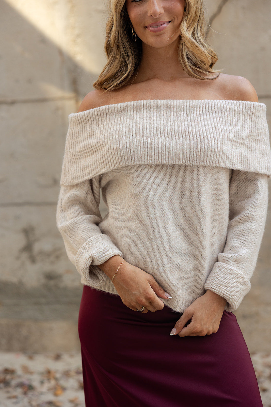 Noelle Oatmeal Off-The-Shoulder Sweater- front view