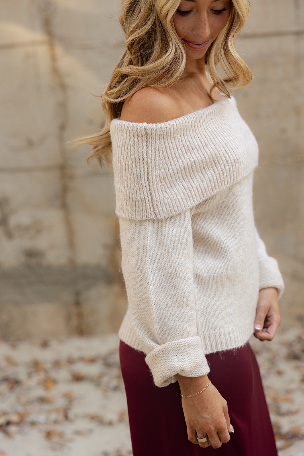 Noelle Oatmeal Off-The-Shoulder Sweater- close up side view