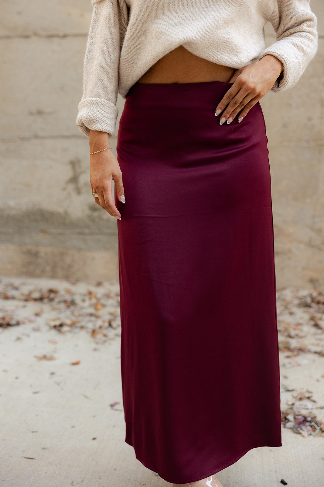 Ana Burgundy Satin Midi Skirt- close up front view