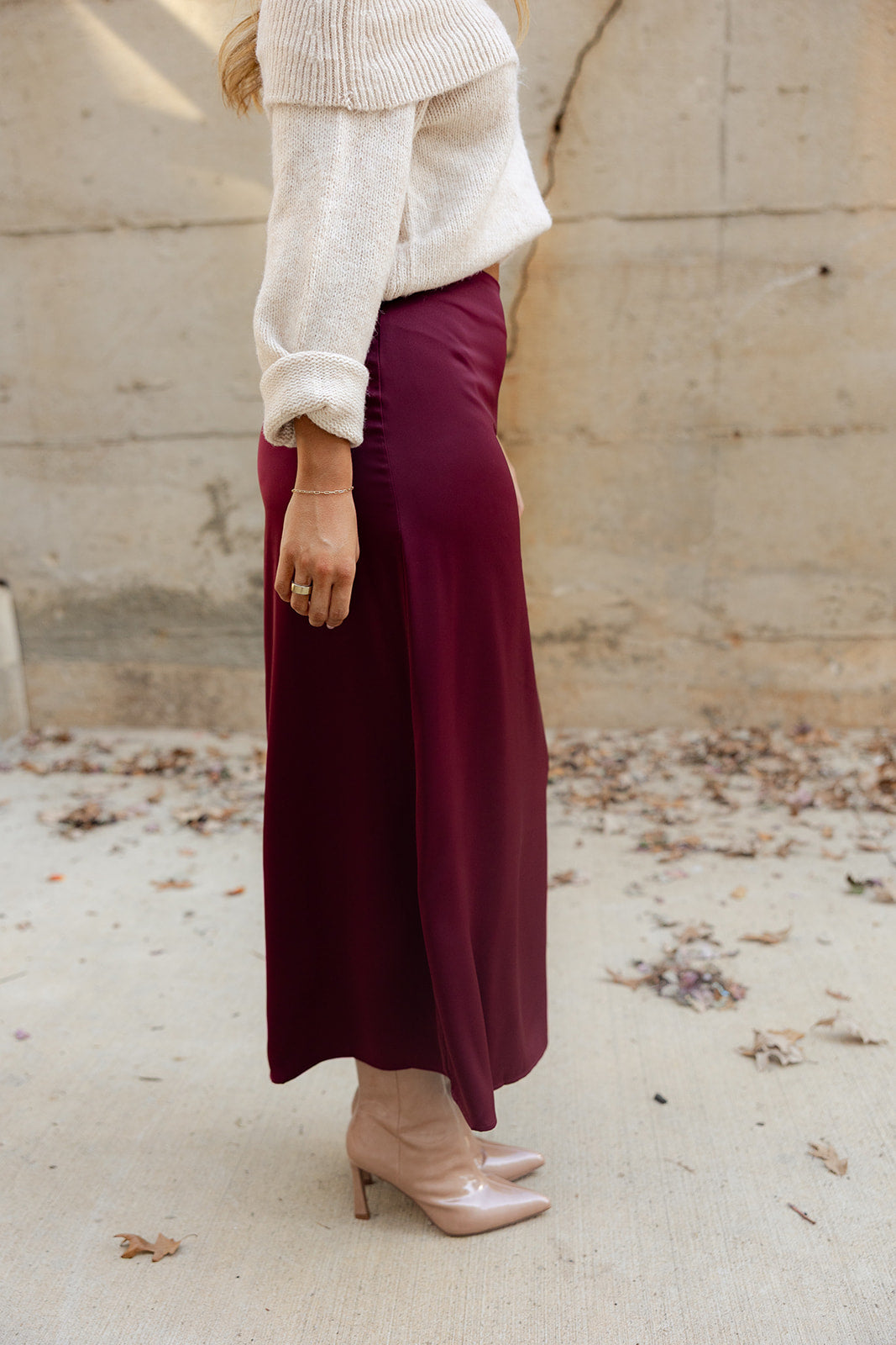 Ana Burgundy Satin Midi Skirt- side view
