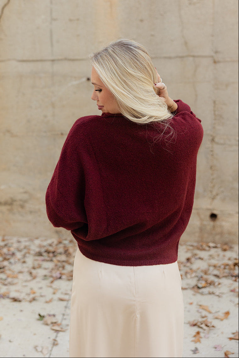 Rowyn Burgundy Button-Up Knit Cardigan- top back view