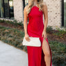 Nyla Gold Chain Halter & Red Satin Dress- full body view