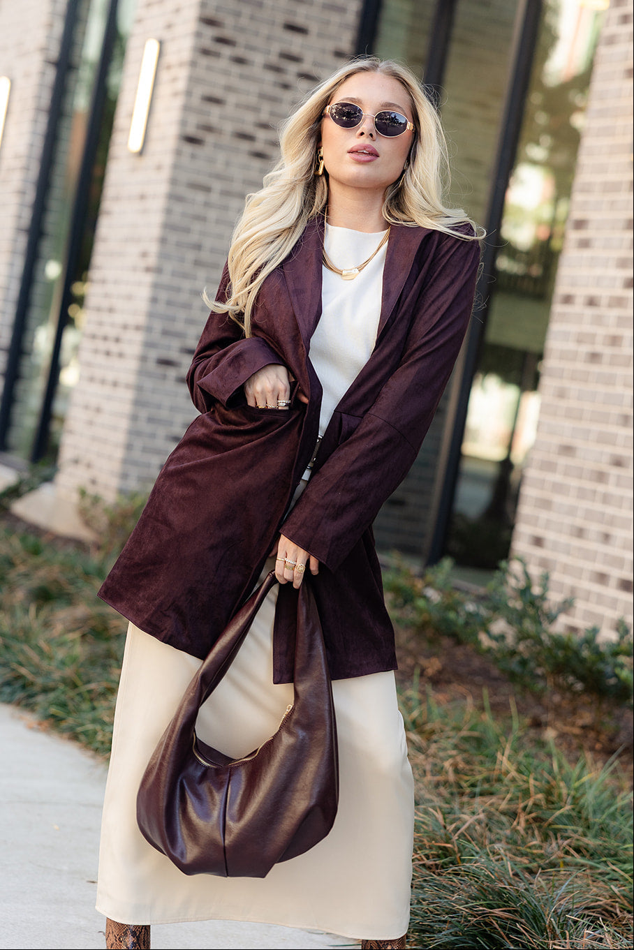 Ella Dark Brown Suede Blazer- full body front view