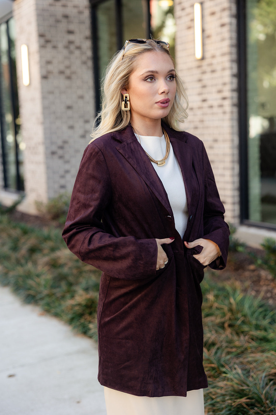 Ella Dark Brown Suede Blazer- frontal side view