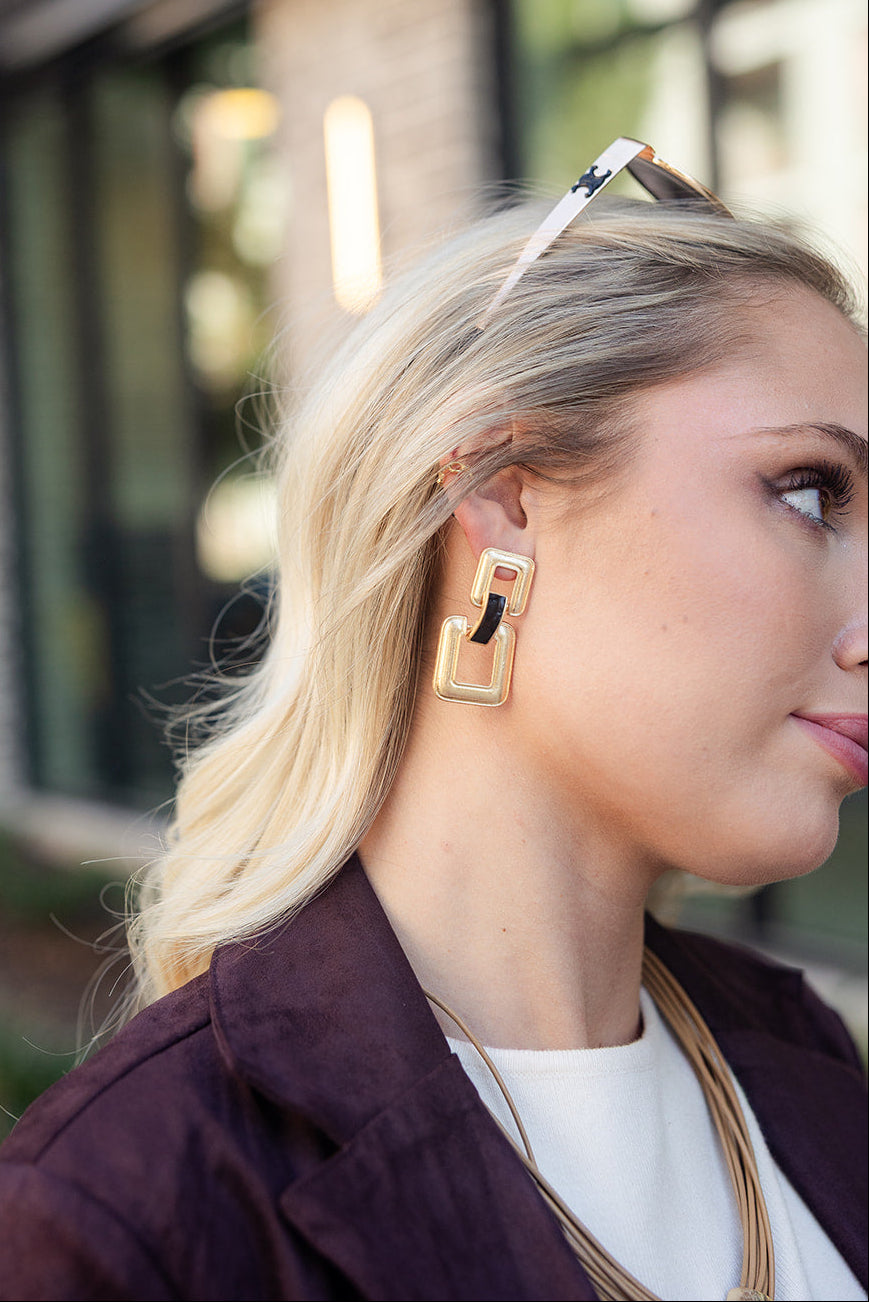Miriam Gold & Black Leather Chain Earrings- close side view