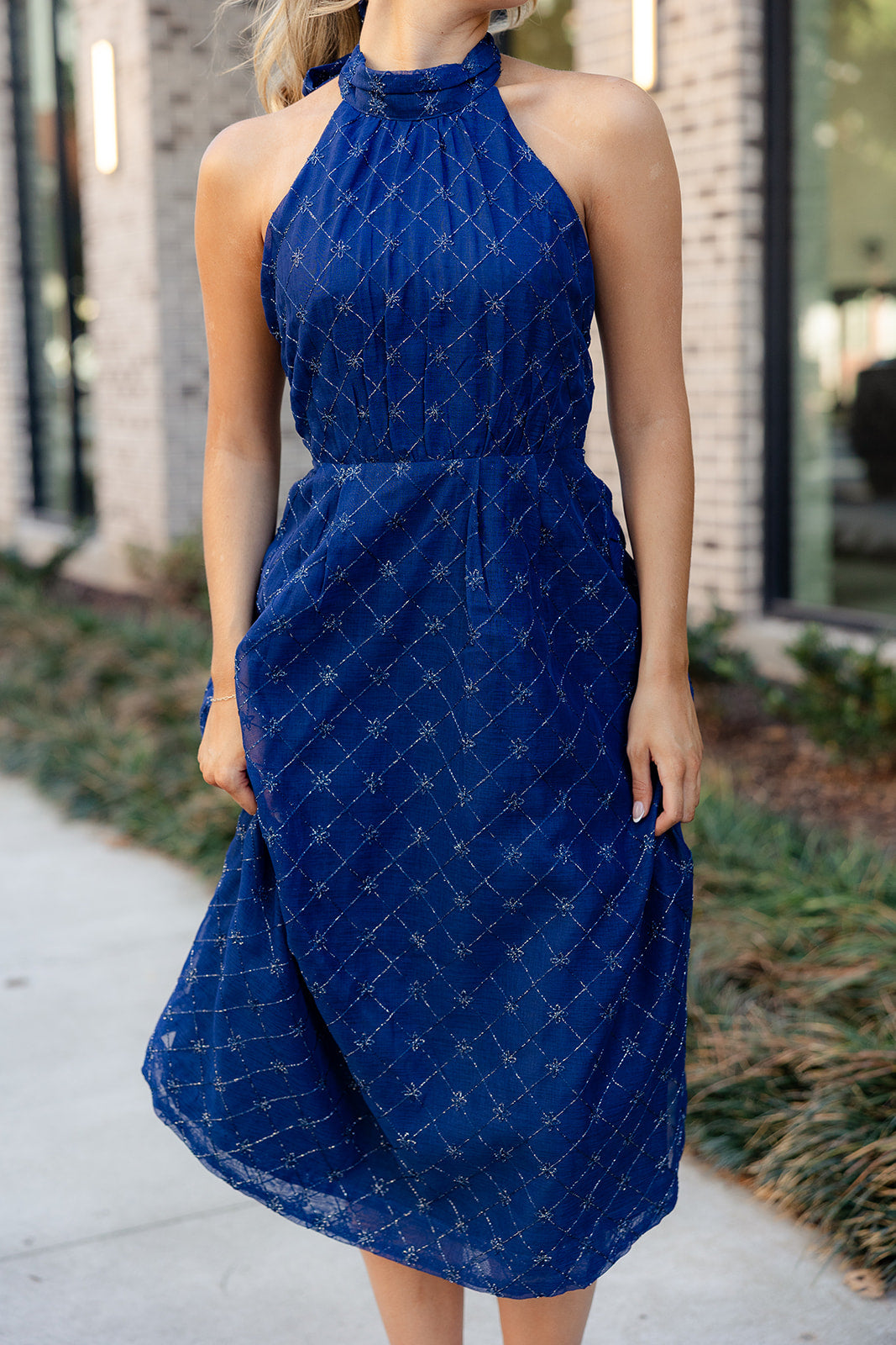 Selena Navy Blue Halter Midi Dress- close up front view