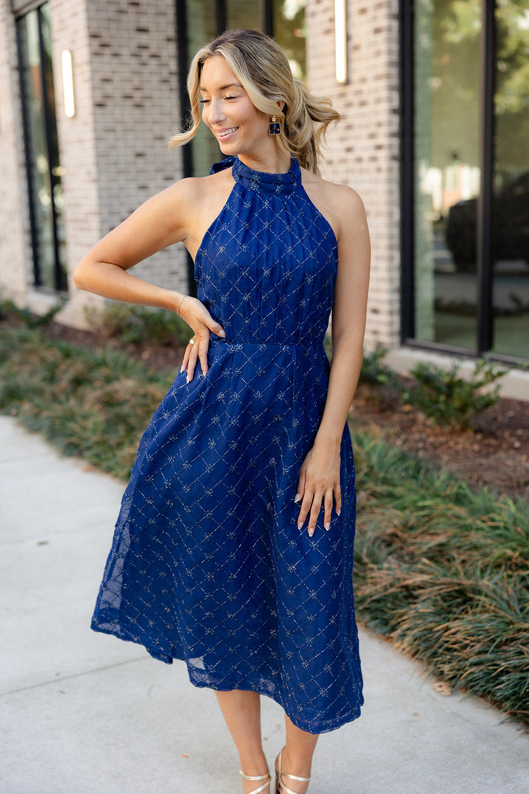 Selena Navy Blue Halter Midi Dress - Lizard Thicket Selena Navy Blue Halter Midi Dress - Lizard Thicket