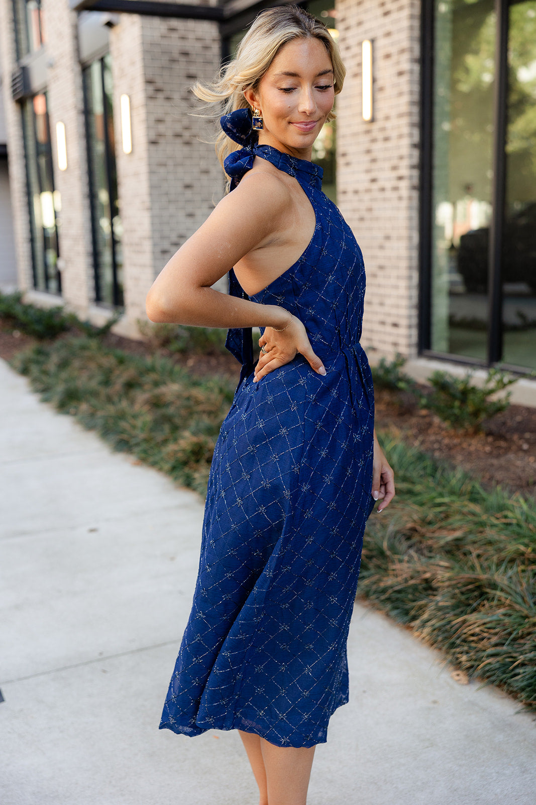 Selena Navy Blue Halter Midi Dress- close up side view