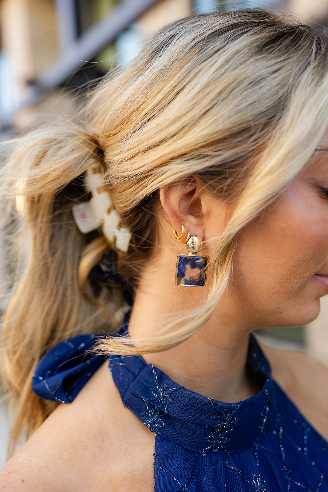 Elise Blue Marble Square Dangle Earrings- close up side view
