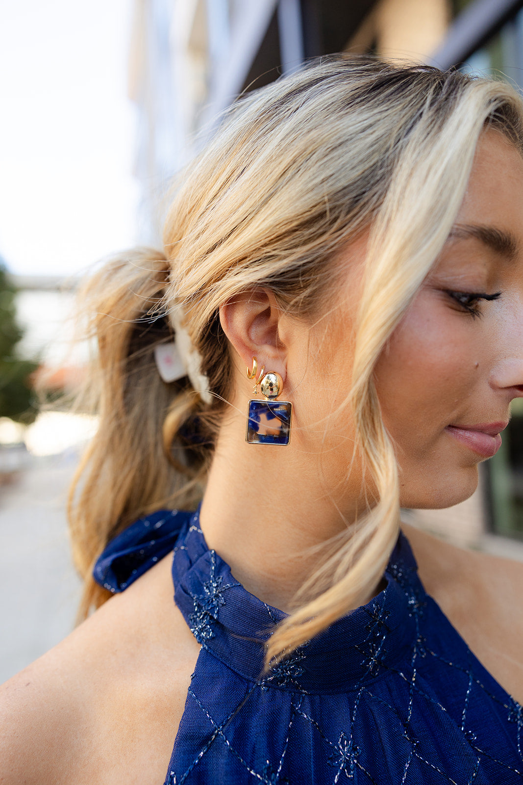 Elise Blue Marble Square Dangle Earrings- side view
