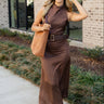 Naomi Brown Satin Belted Maxi Dress- full body front view
