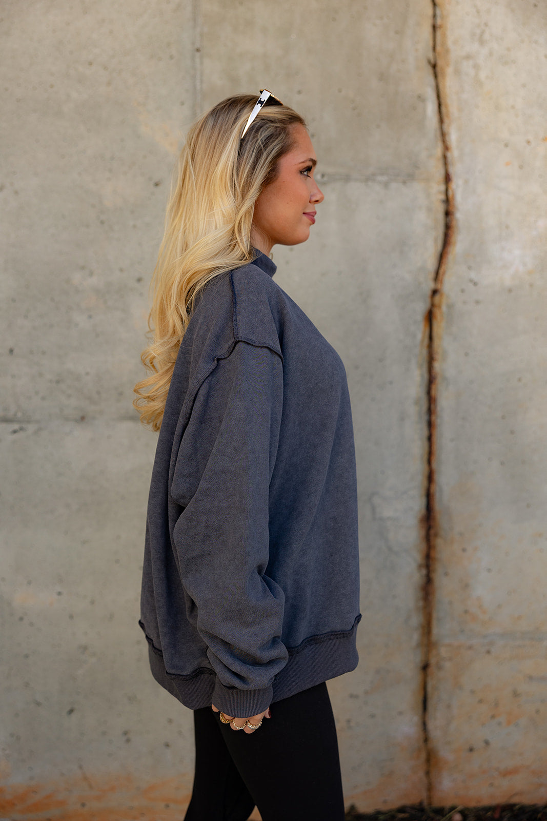 Hadley Charcoal Grey Mineral Wash Sweatshirt- close up side view
