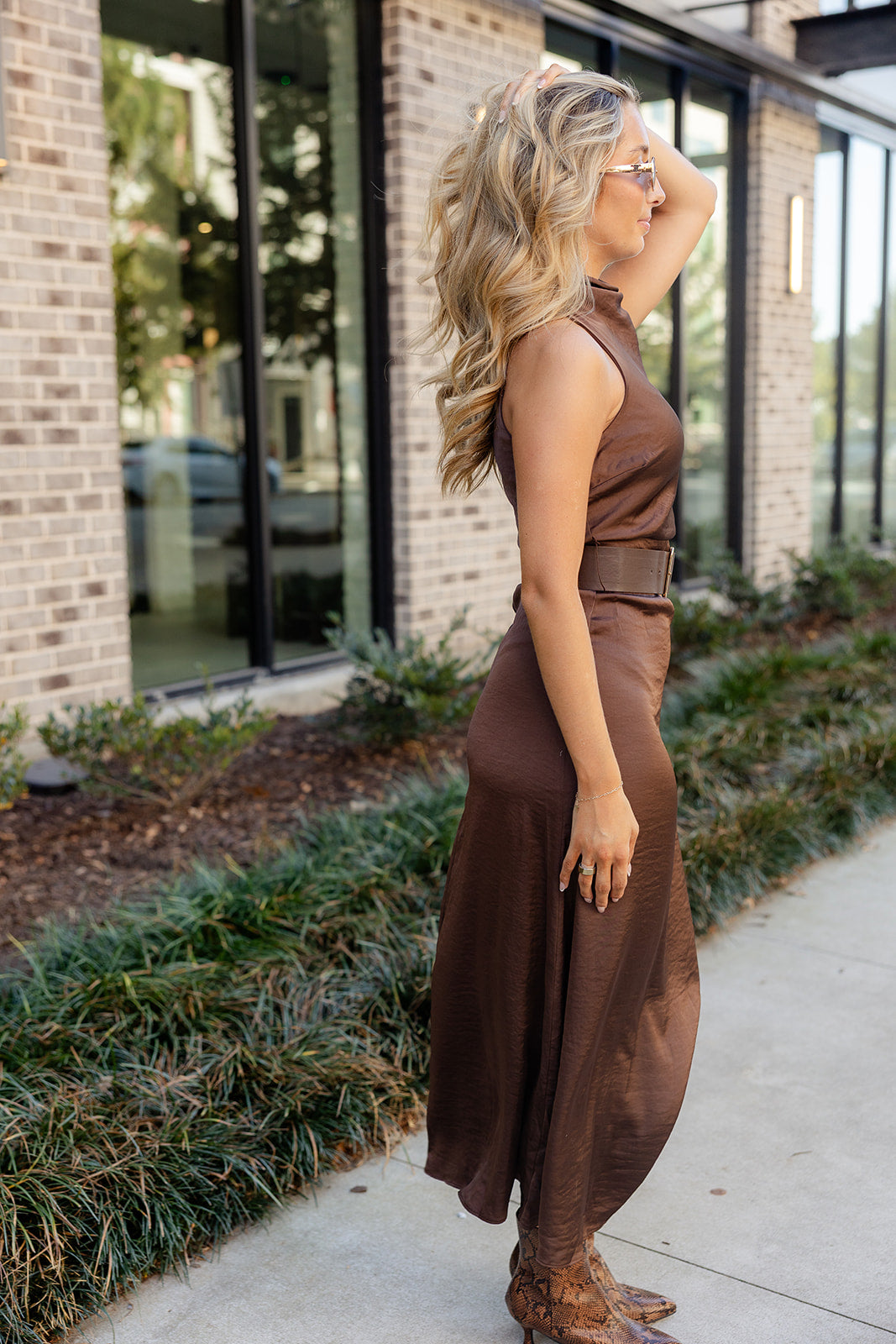 Naomi Brown Satin Belted Maxi Dress- full side view