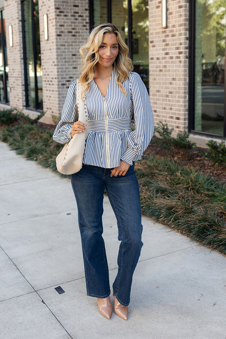 Selah Blue & White Stripe Zip-Up Top- full body view