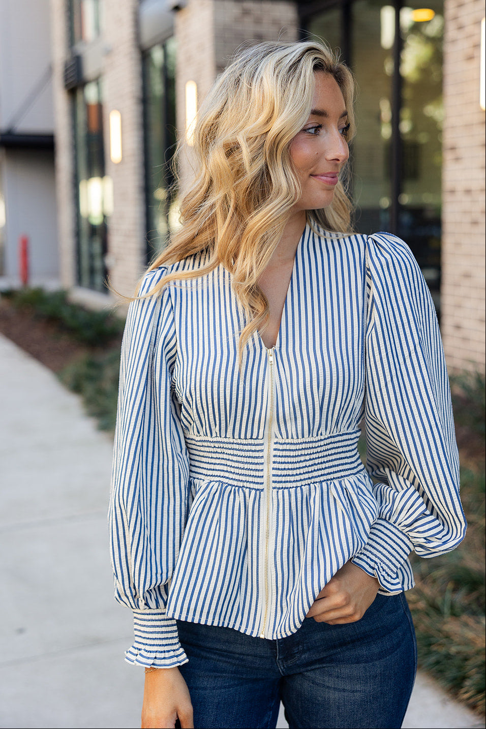 Selah Blue & White Stripe Zip-Up Top- front view