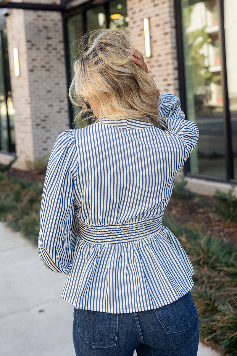 Selah Blue & White Stripe Zip-Up Top- back view