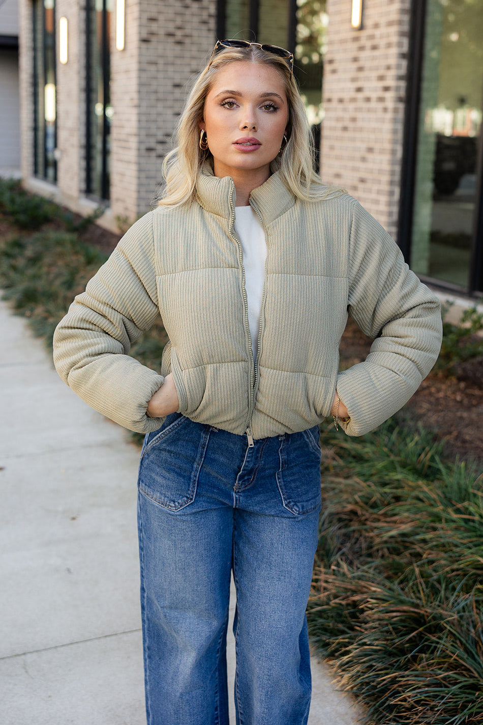 Alanna Light Olive Ribbed Puffer Jacket- front view