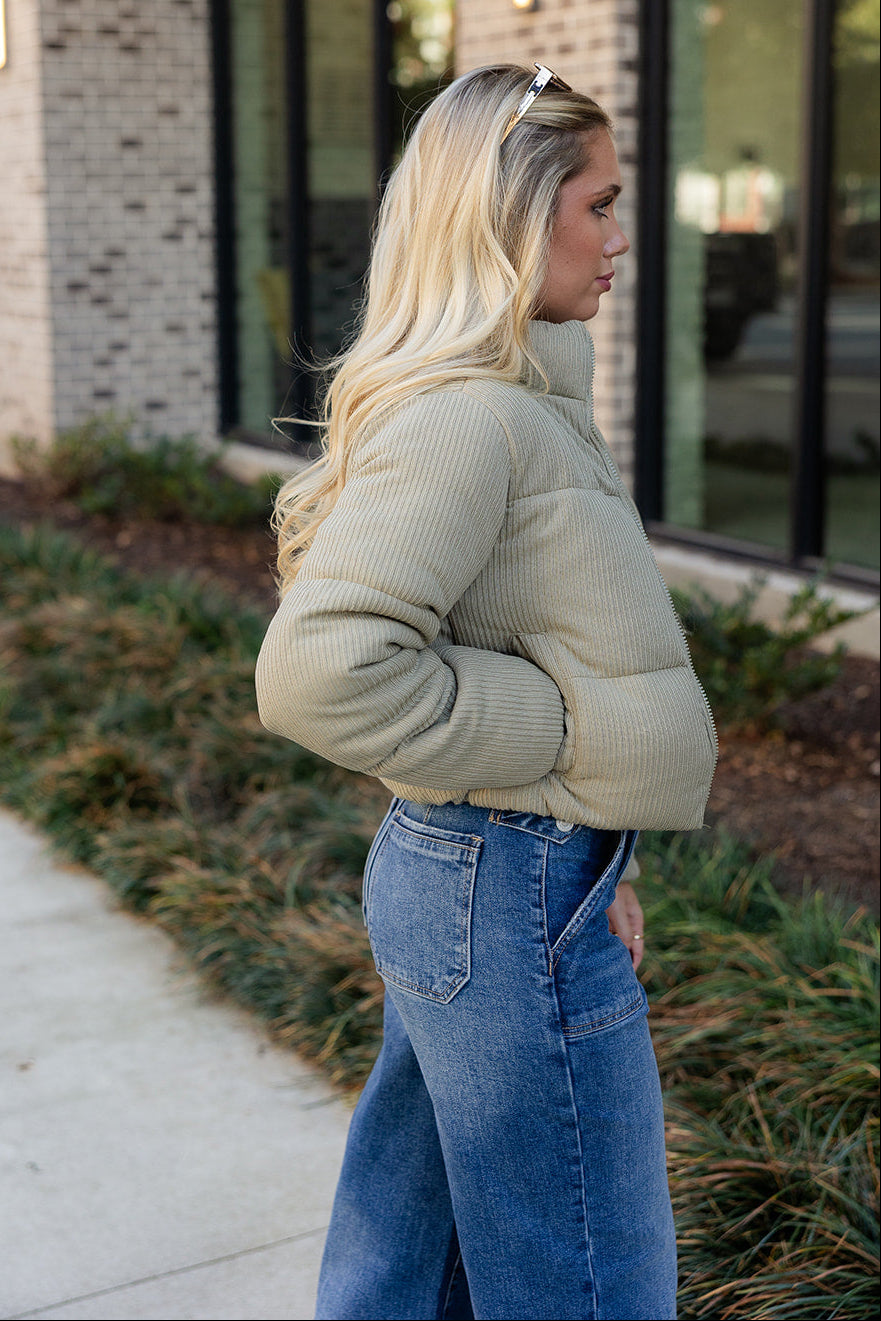 Alanna Light Olive Ribbed Puffer Jacket- side view