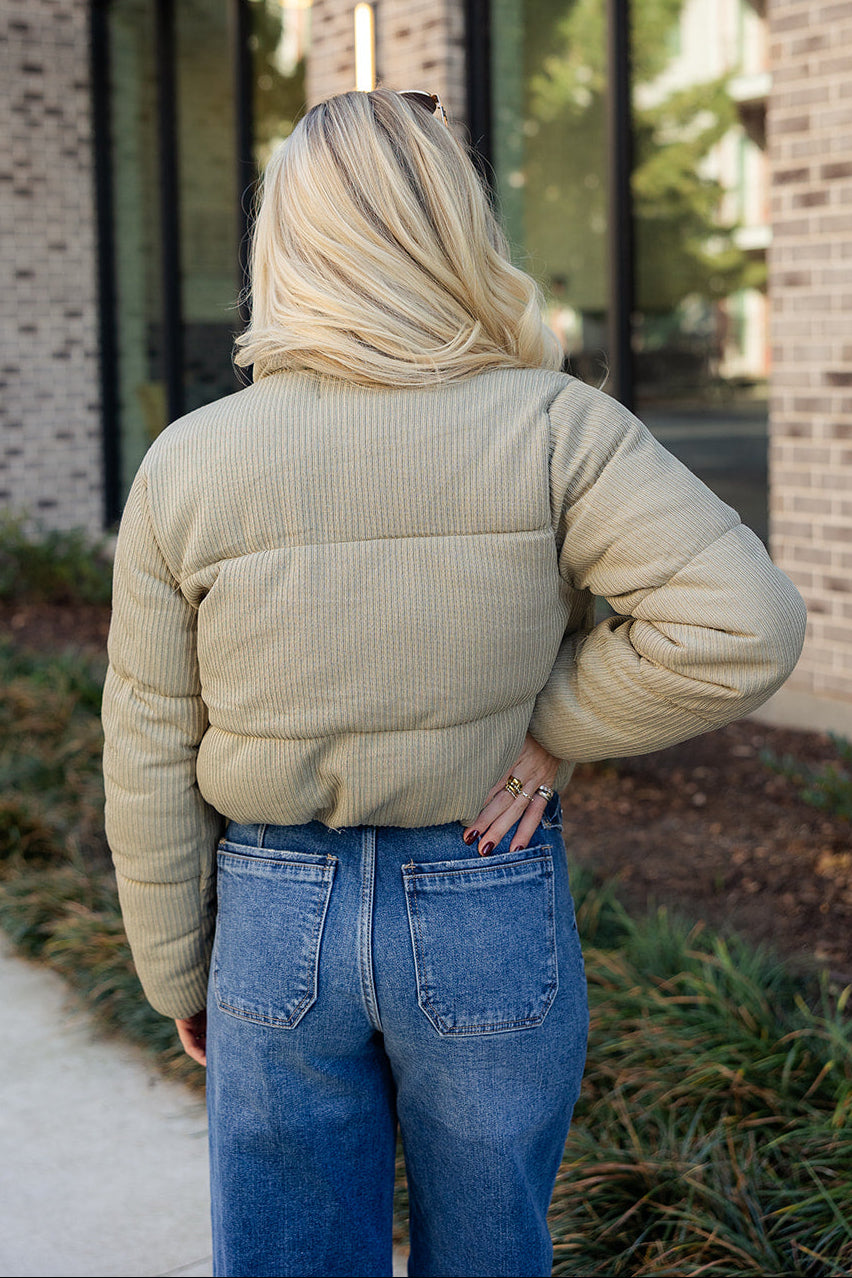 Alanna Light Olive Ribbed Puffer Jacket- close up back view