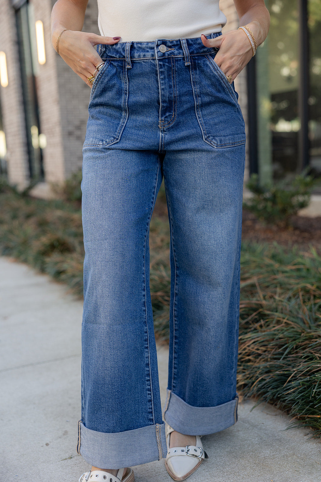 Kancan: Gia Dark Denim 90s Wide Leg Jeans- close up front view