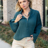 Angela Teal Knit Quarter Zip-Up Sweater- close up front view