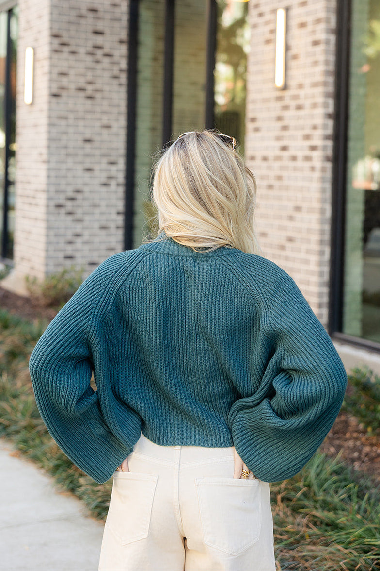 Angela Teal Knit Quarter Zip-Up Sweater- close up top back view