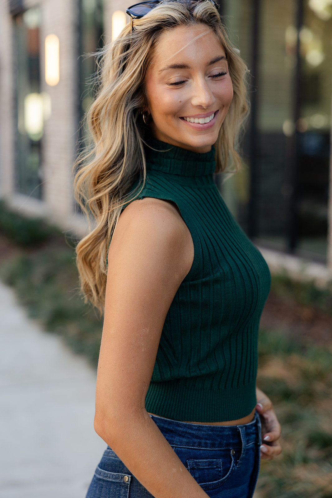 Evie Dark Green Ribbed Knit Tank- side view