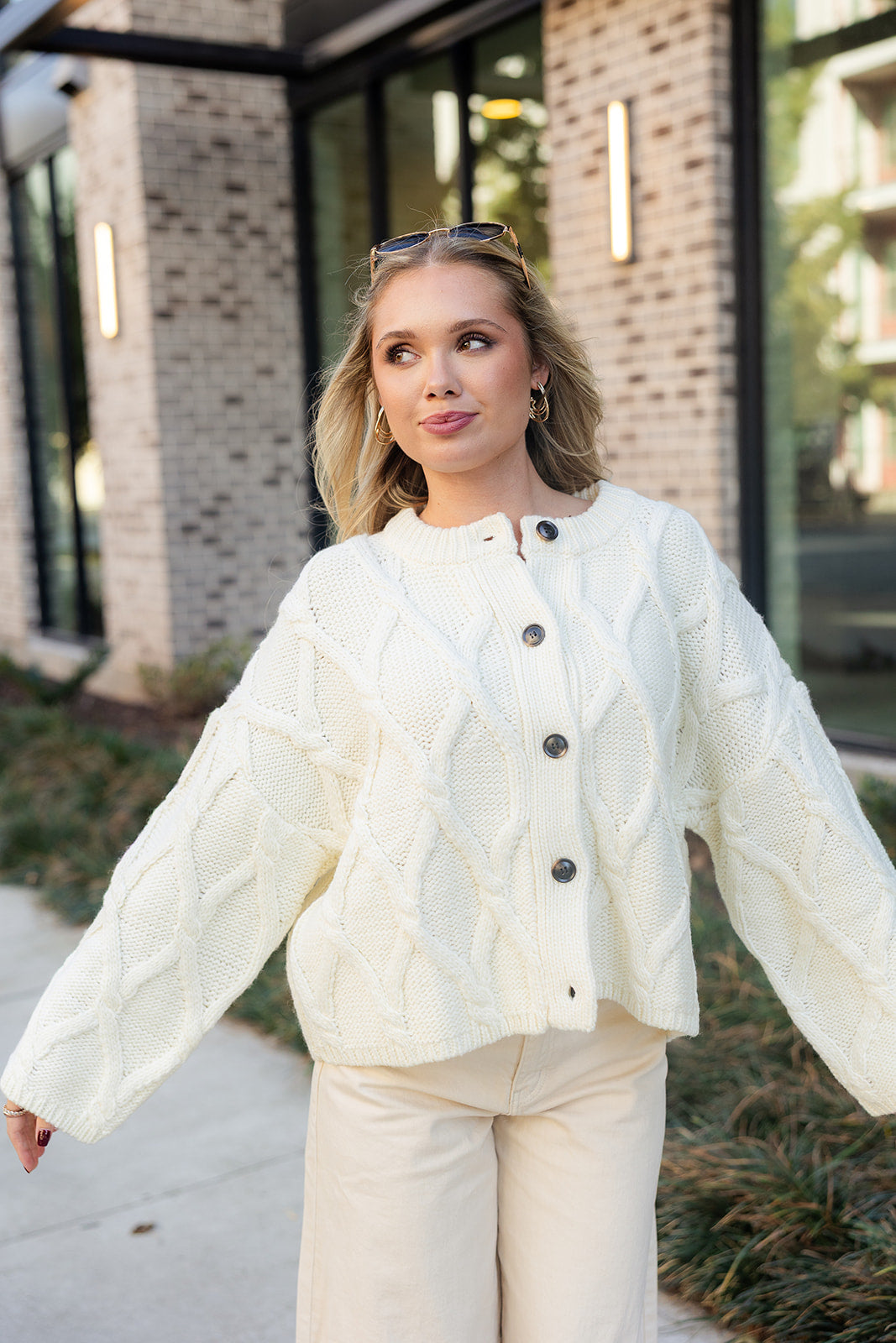 Selena Cream Knit Button-Up Cardigan- front view