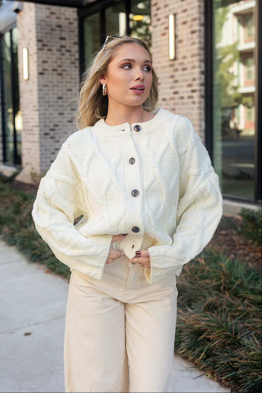 Selena Cream Knit Button-Up Cardigan- close up top view