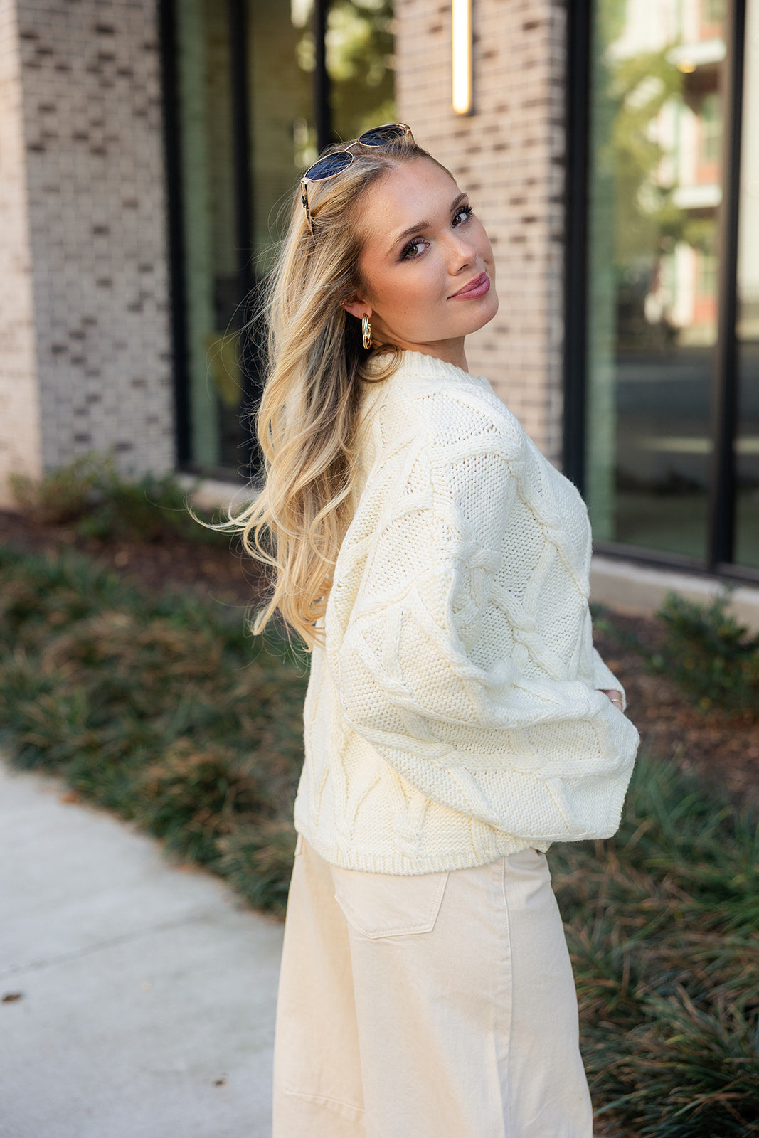 Selena Cream Knit Button-Up Cardigan- close up side view