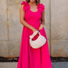 Full body front view of female model wearing the Kristina Pink Smocked Sleeveless Midi Dress that has hot pink fabric, side slit pockets, midi length, smocked upper, a scoop neckline, and ruffled straps.