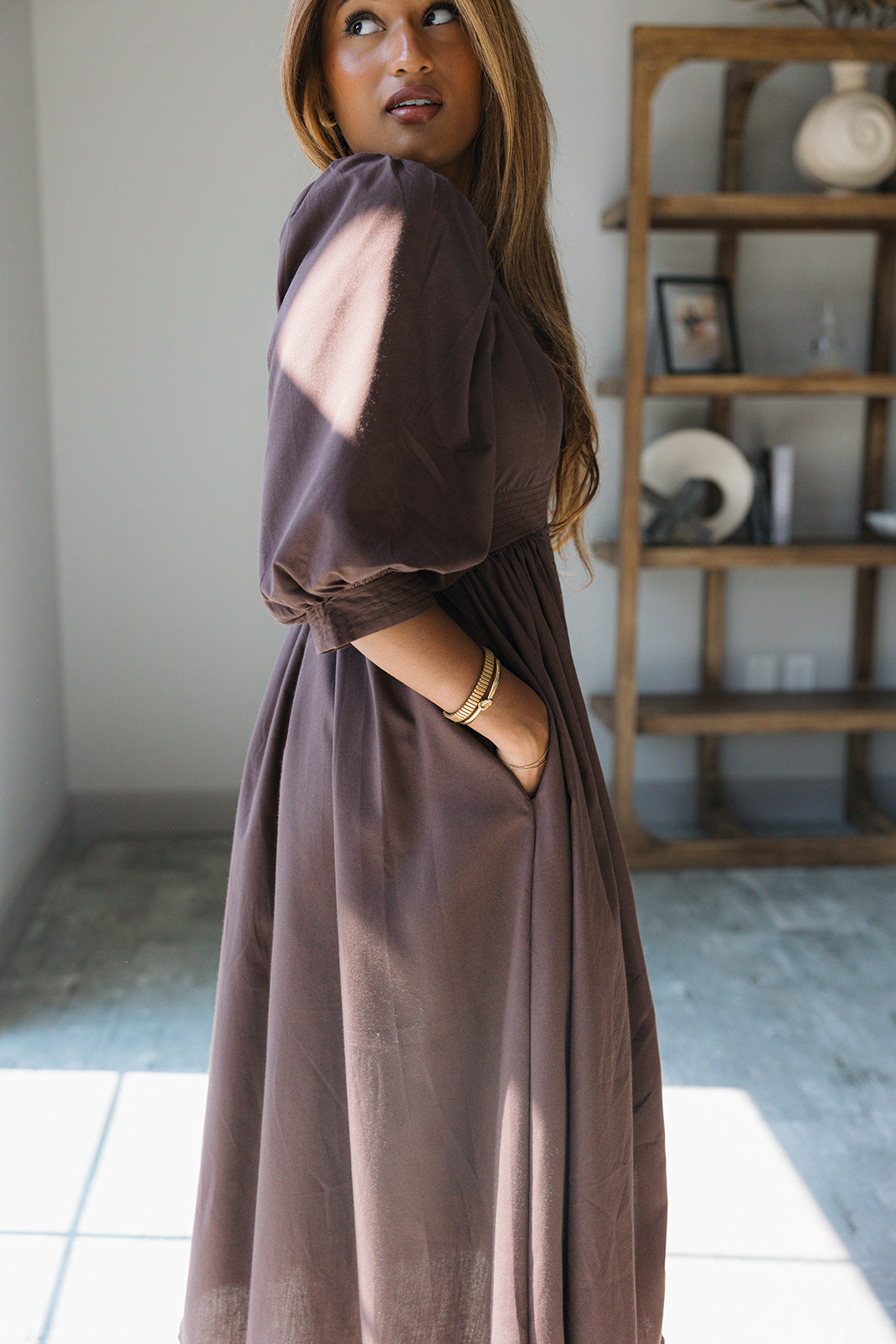 Siena Dark Brown & Gold Zip-Up Midi Dress- close up side view