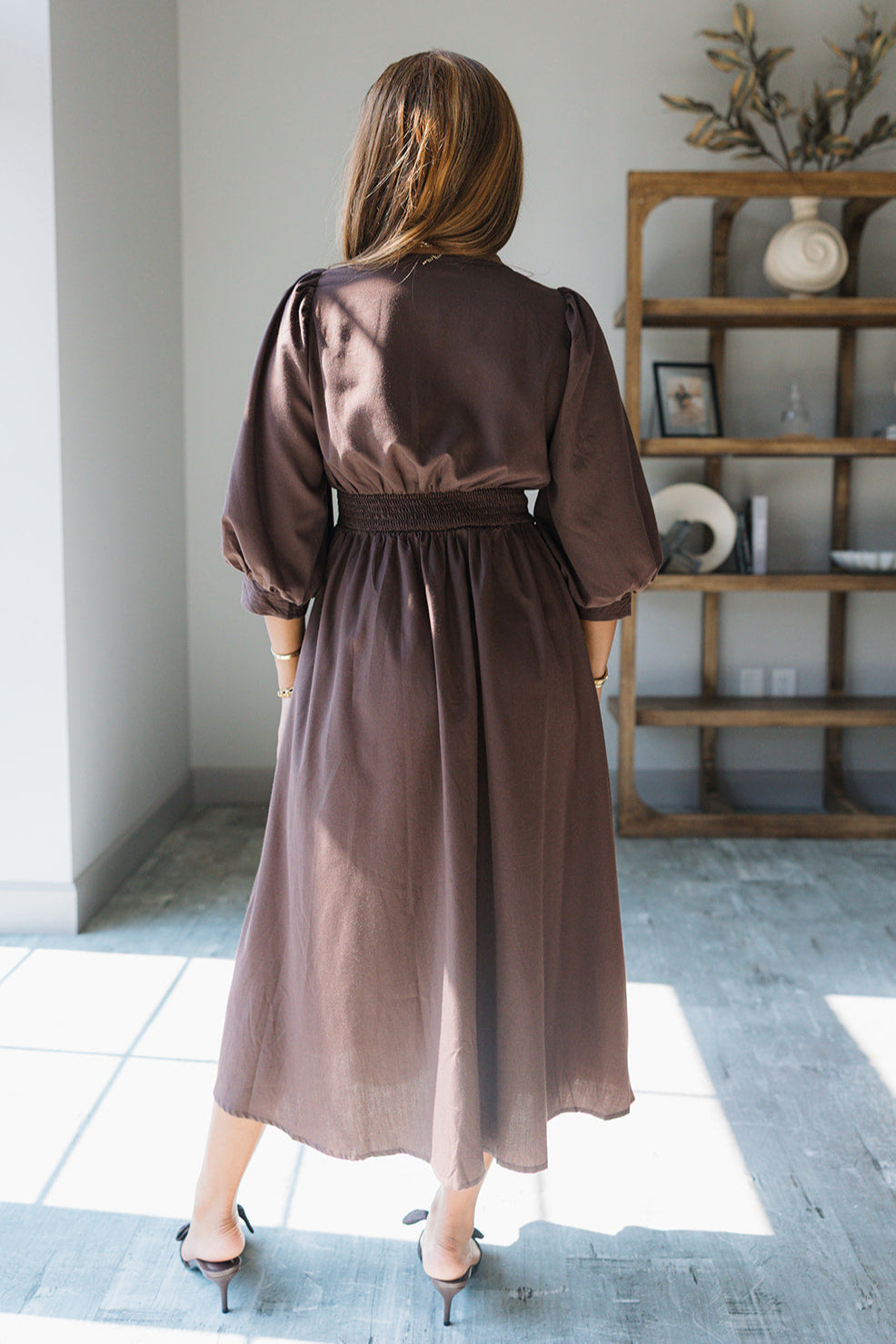 Siena Dark Brown & Gold Zip-Up Midi Dress- full body back view
