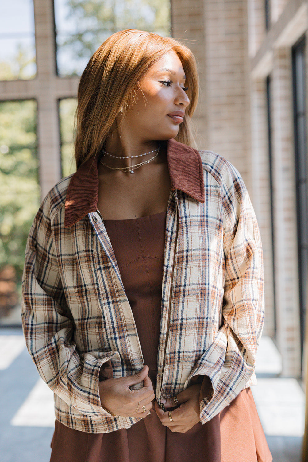 Cleo Brown Multi Plaid Barn Jacket - close up front view