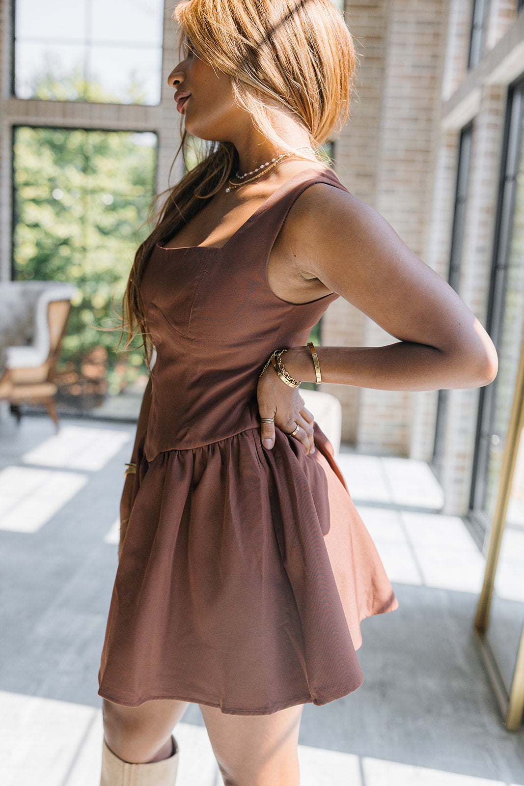 Zara Brown Flare Mini Dress- close up side view