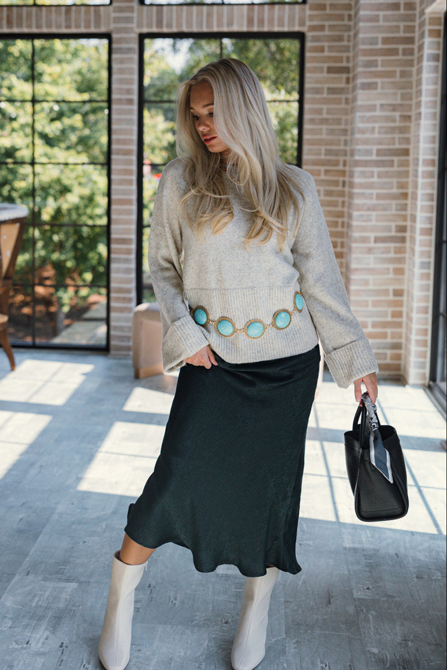 Bristol Dark Green Satin Midi Skirt- full body view