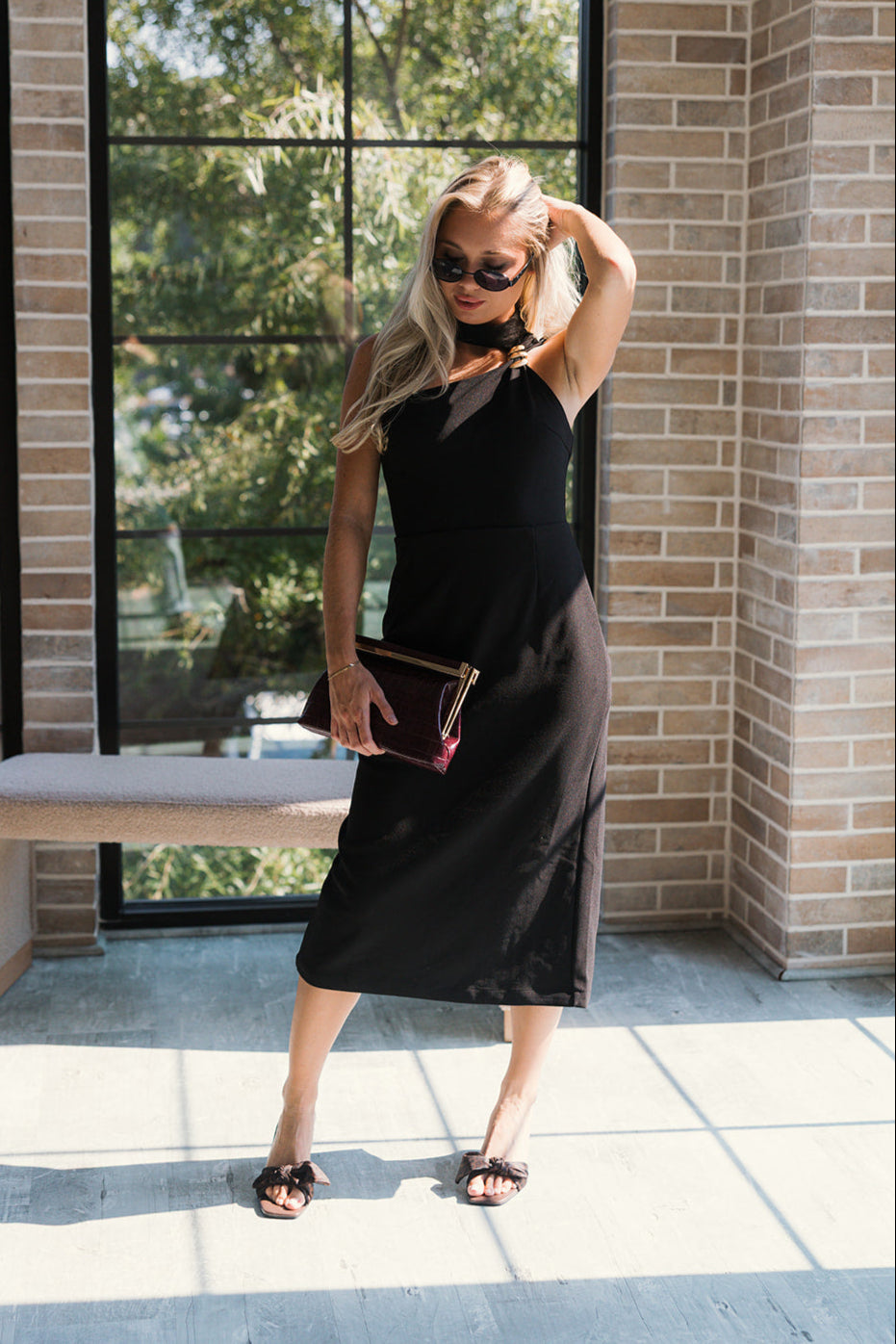 Elisa Black & Gold One-Shoulder Midi Dress- full body view
