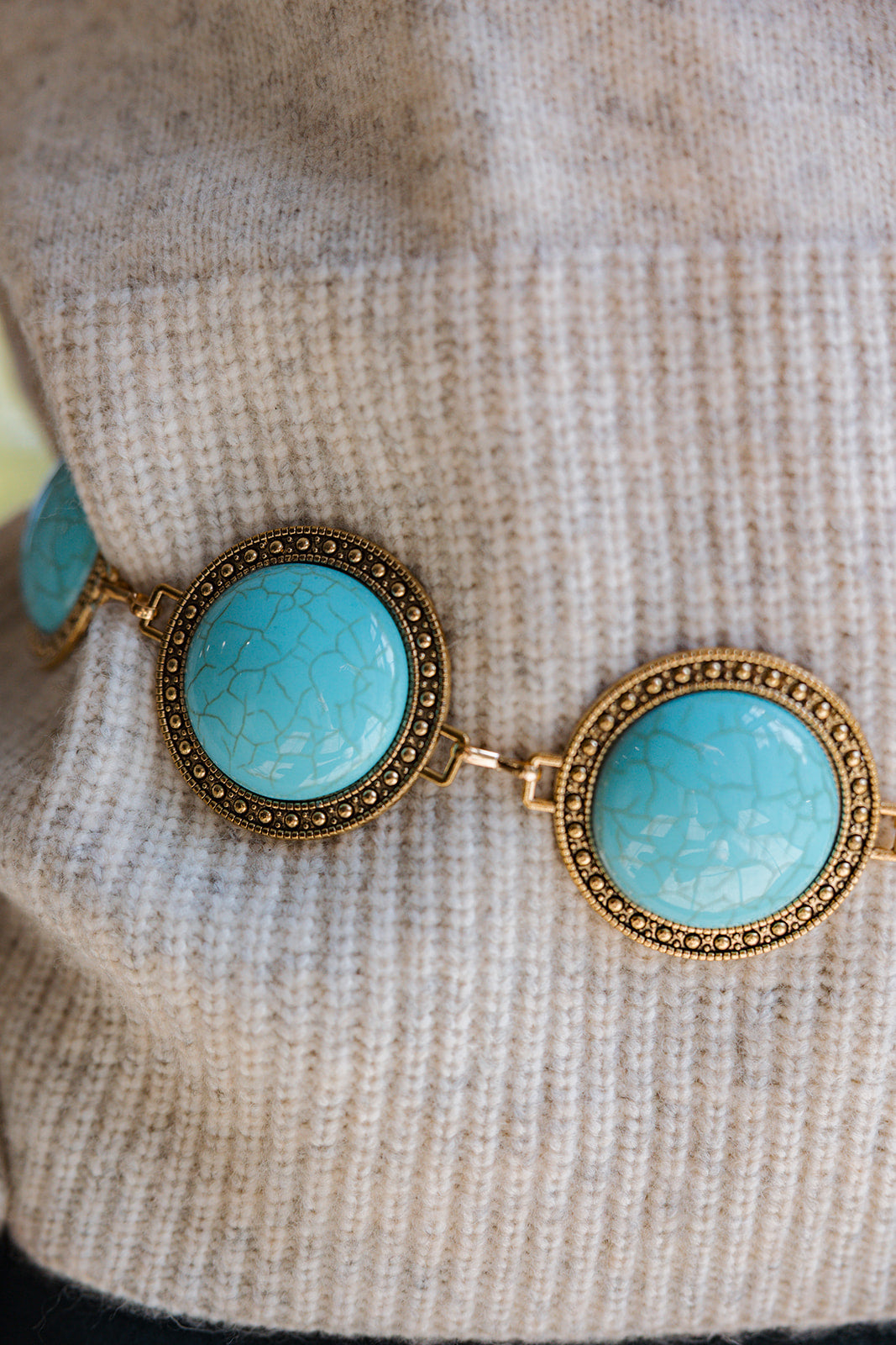 Lori Turquoise & Gold Chain Belt - close up front view